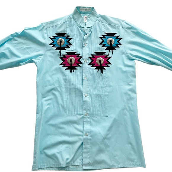 Vtg Moda Bianco Western Button Down Shirt Tuxedo Embroidered Concho Teal Sz S - Picture 2 of 12